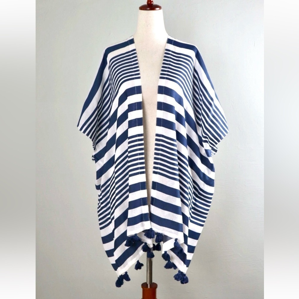 LOFT striped tassel kaftan kimono jacket top cover up resort boho vacation XL